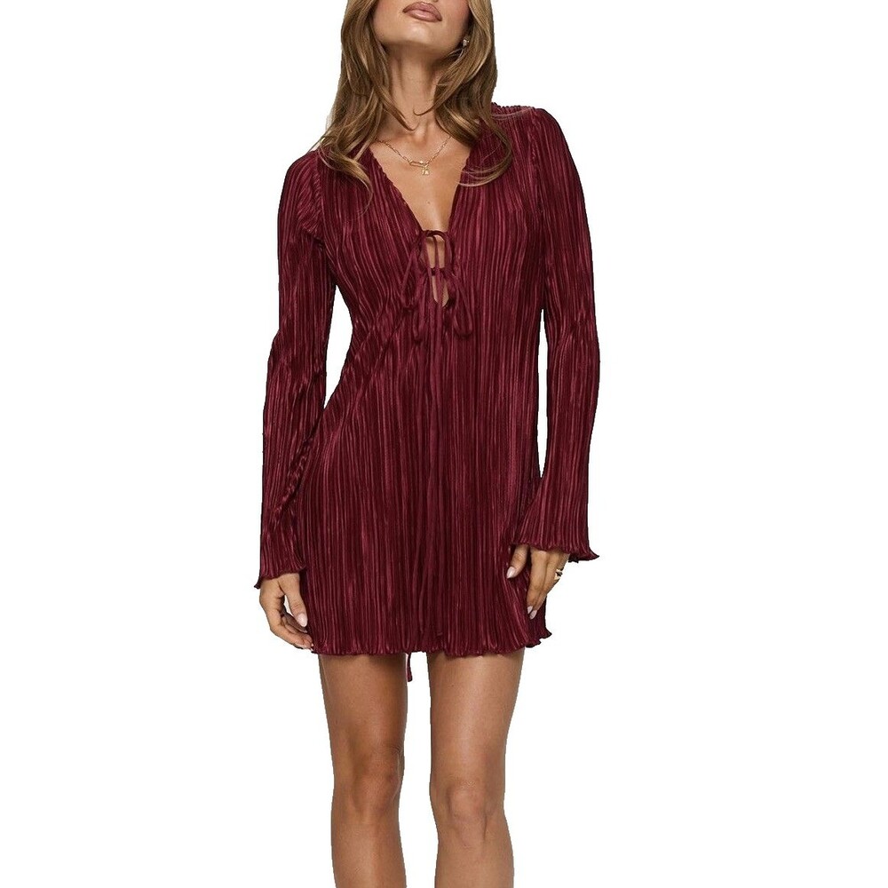 Princess Polly Malop Plisse Long Sleeve Mini Dress Women Size US 4 Burgundy New